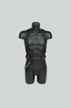 Load image into Gallery viewer, Black leather harness on a mannequin against a gray background