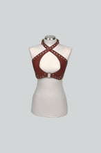 Load image into Gallery viewer, Burgundy leather halter top with studs on a mannequin against a light gray background