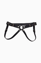 Load image into Gallery viewer, Black leather harness with metal buckles on a white background