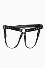 Load image into Gallery viewer, Black leather harness with metal studs on a white background
