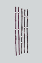 Load image into Gallery viewer, Set of five leather belts, black &amp; plum  with metal buckles on a light gray background