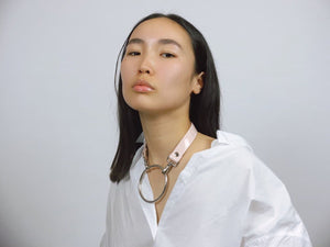 Aida Chocker on model, color baby pink, vegan leather