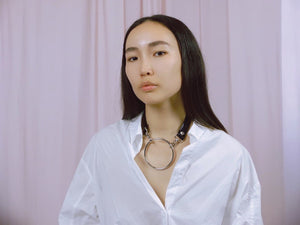 Aida Chocker on model, color back patent leather